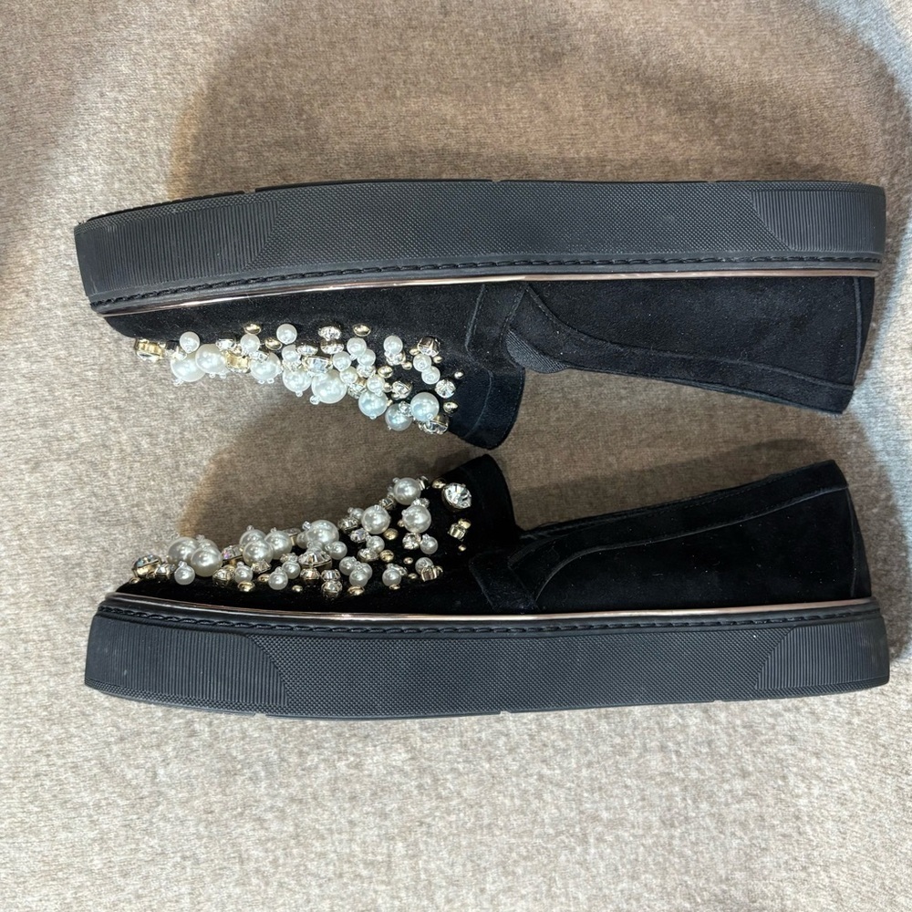STUART WEITZMAN Sz 8 Pearl and Rhinestone Embellished Slip On Black Loafers - Picture 8 of 14